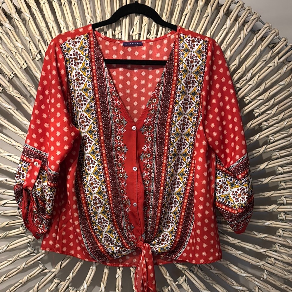 West Kei Red 3/4 Sleeve Blouse with Tie Front and Buttoned Style